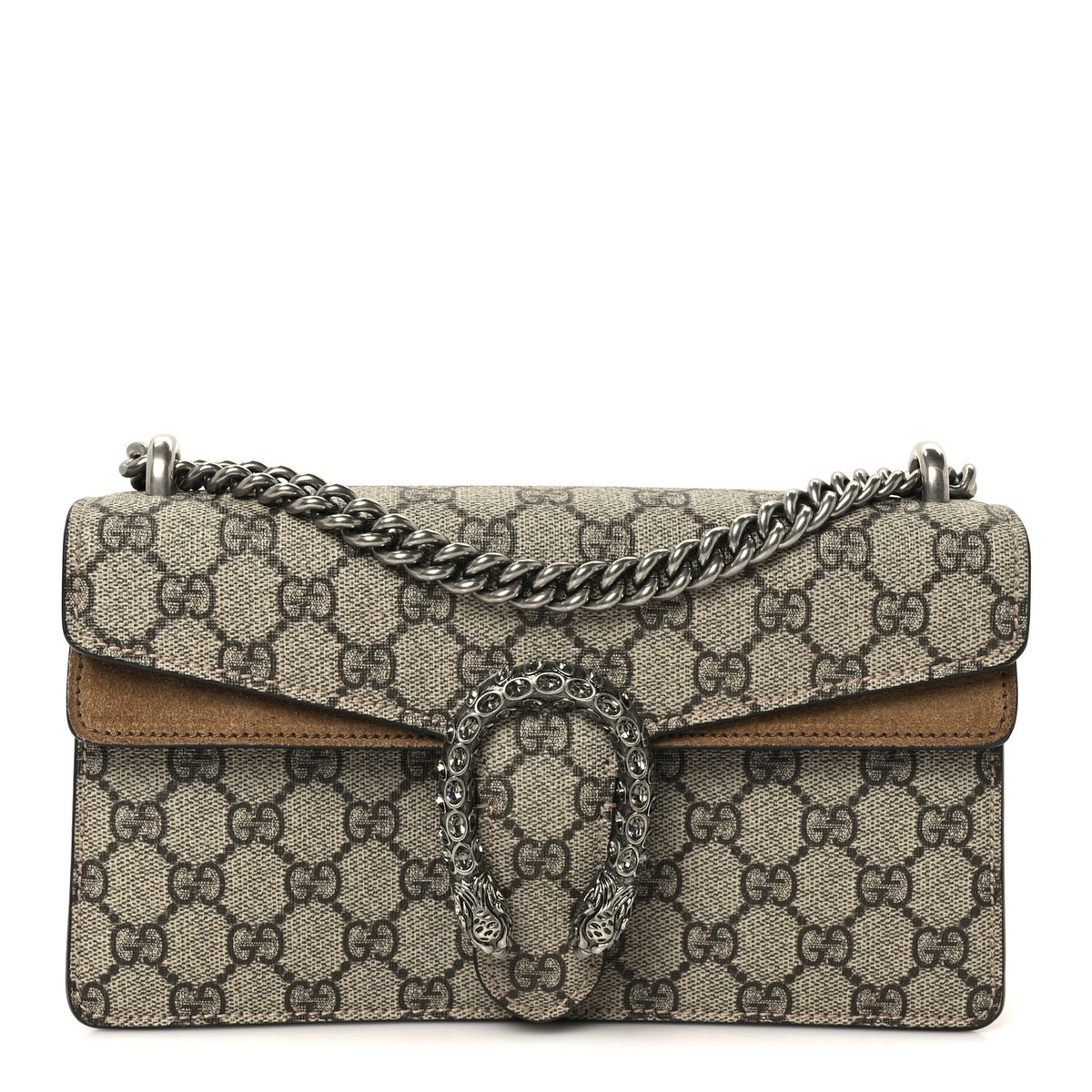 Gucci GG Supreme Monogram Suede Crystal Small Dionysus Shoulder Bag Beige Ebony Taupe 1 of 9