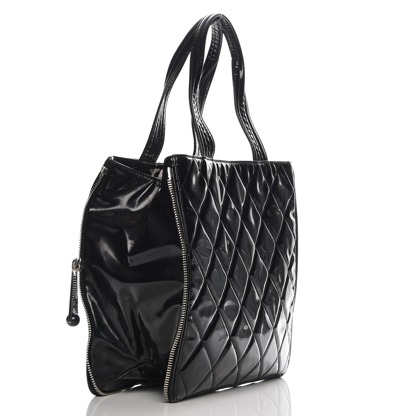 Patent Quilted Expandable CC Shoping Tote Black
