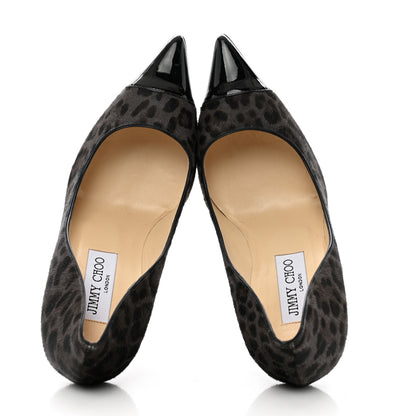 Jimmy Choo Pony Hair Patent Calfskin Leopard Print Mika 85 Cap Toe Pumps 37 Smoke Black 2 of 11