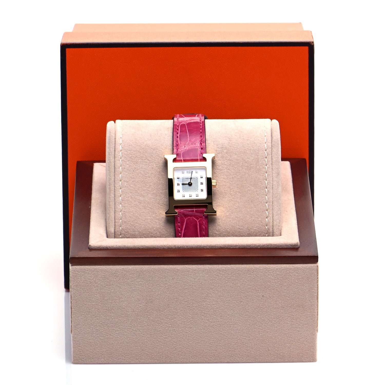 Hermes Stainless Steel Alligator Diamond Mother of Pearl 21mm Heure H Hour Quartz Watch Framboise 6 of 6