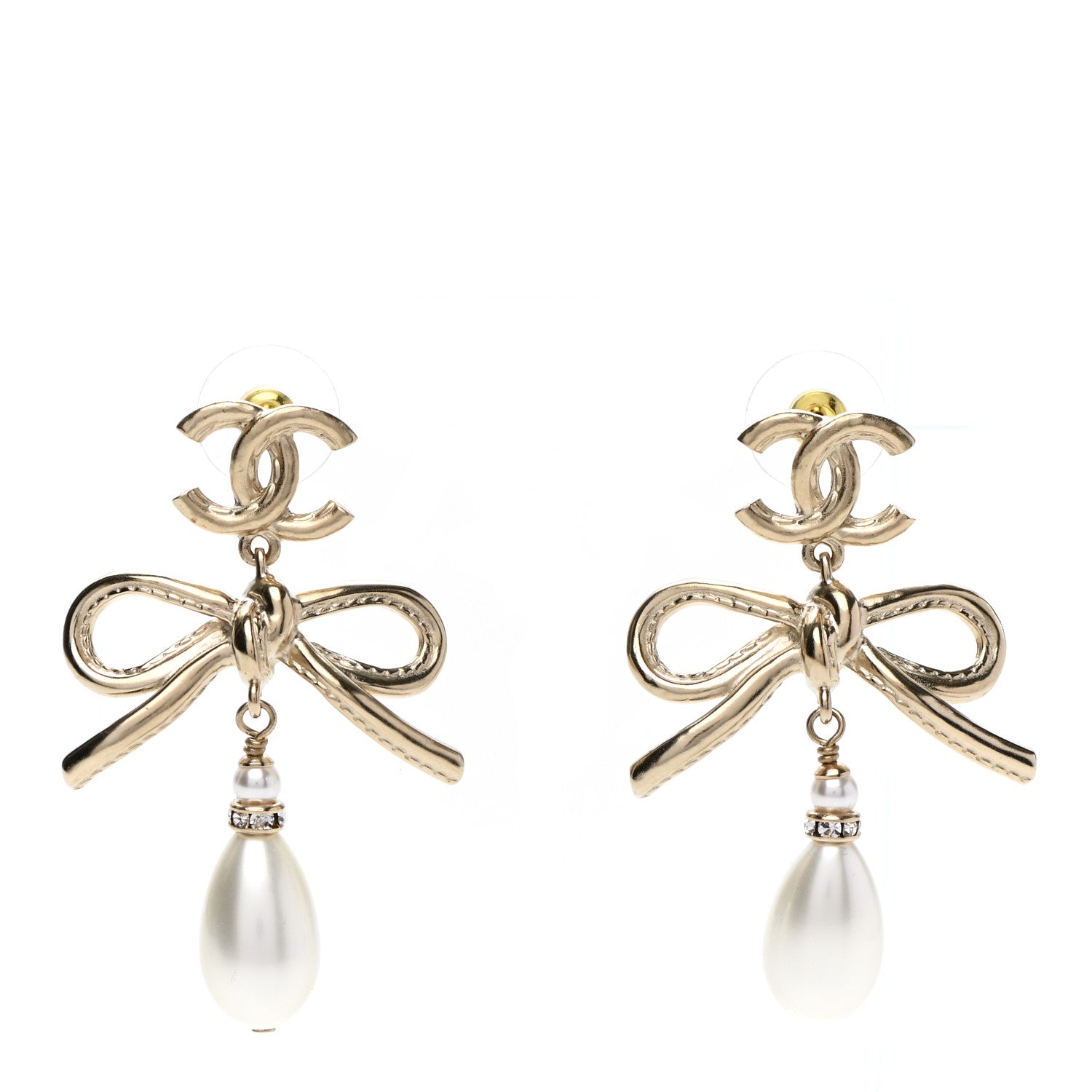 Chanel Pearl Crystal CC Bow Drop Earrings Gold Pearly White 1 of 4