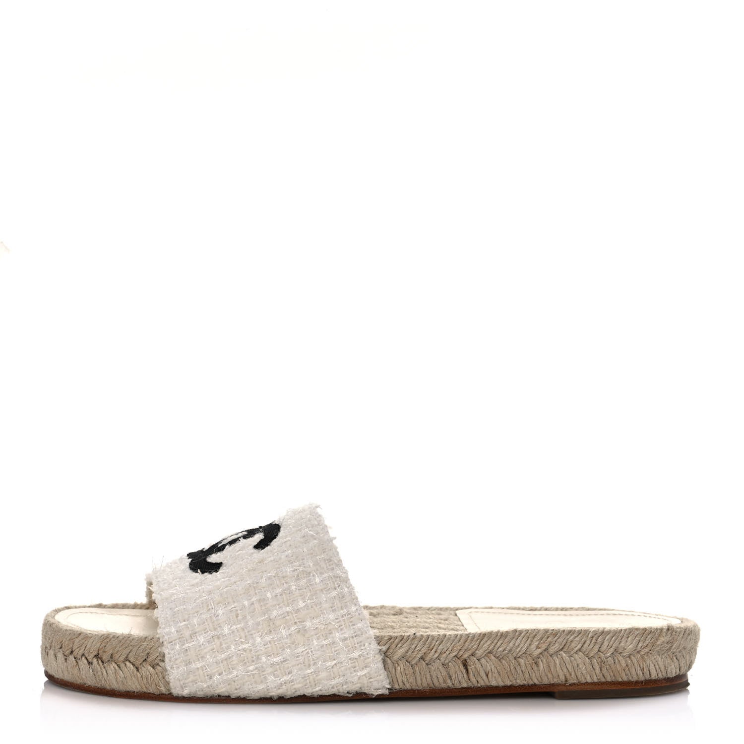 Chanel Tweed Grosgrain CC Espadrille Slip On Sandals 37 White Black 1 of 10