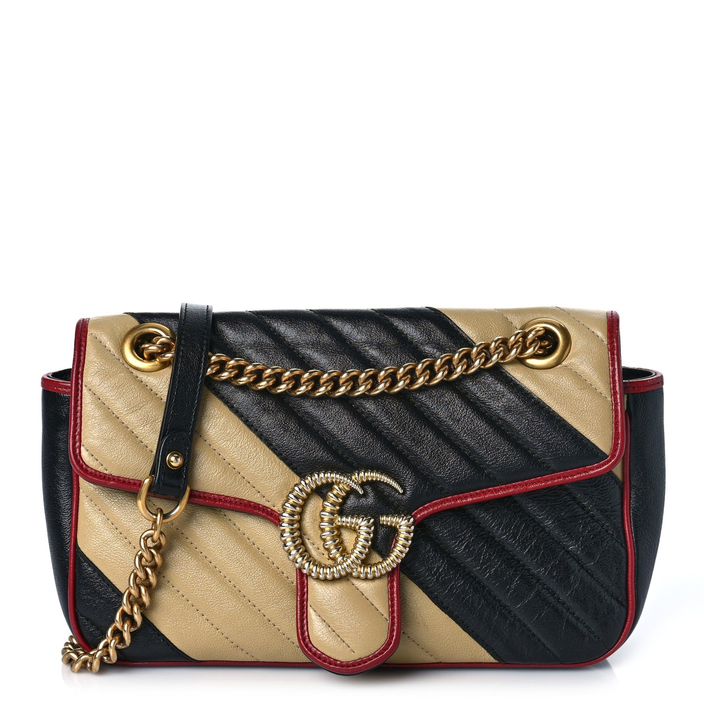 Vintage Effect Calfskin Matelasse Diagonal Striped Small Torchon GG Marmont Shoulder Bag Black Beige