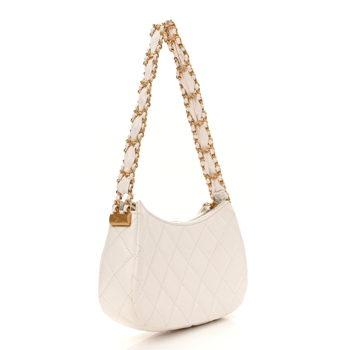 Crumpled Calfskin Quilted Braided CC Small Hobo White