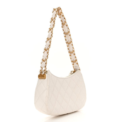 Chanel Crumpled Calfskin Quilted Braided CC Small Hobo White 3 of 13