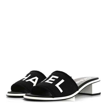 Chanel Cotton Logo Mule Sandals 39.5 Black White 4 of 15