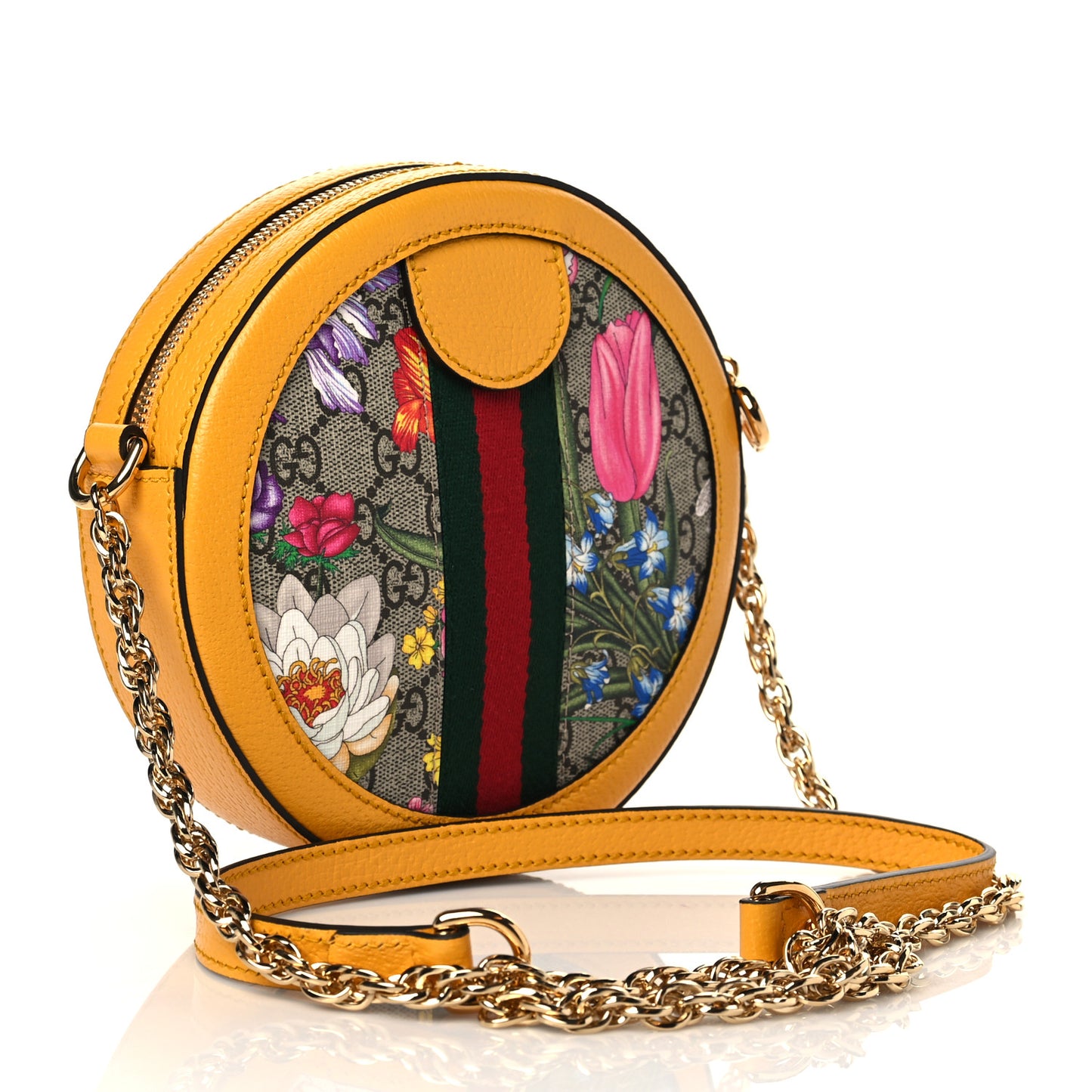GG Supreme Monogram Flora Web Mini Ophidia Round Shoulder Bag Beige Multicolor Crop