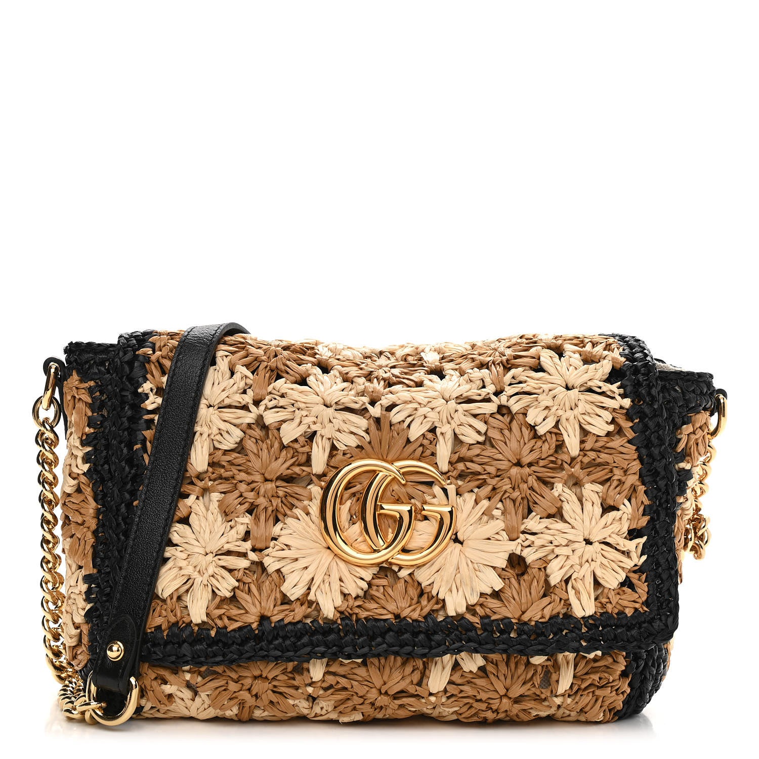 Gucci Raffia Azalea Calfskin Crochet Flower Small GG Marmont Shoulder Bag Natural Ecru Black 1 of 10