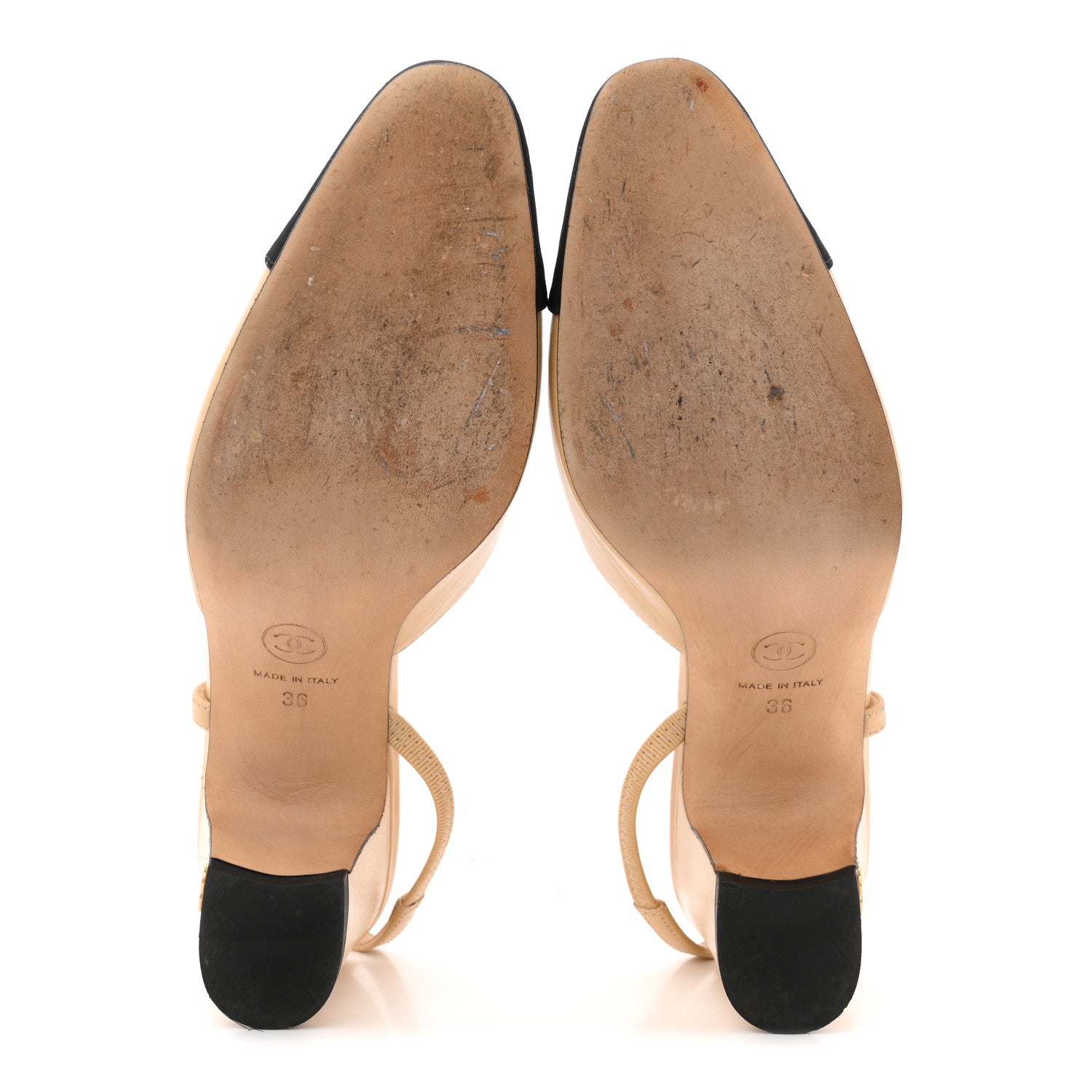 Chanel Goatskin Grosgrain Cap Toe CC Slingback Pumps 36 Beige Black 6 of 13