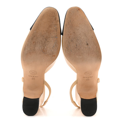 Chanel Goatskin Grosgrain Cap Toe CC Slingback Pumps 36 Beige Black 6 of 13