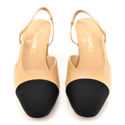 Chanel Goatskin Grosgrain Cap Toe CC Slingback Pumps 37.5 Beige Black 2 of 9