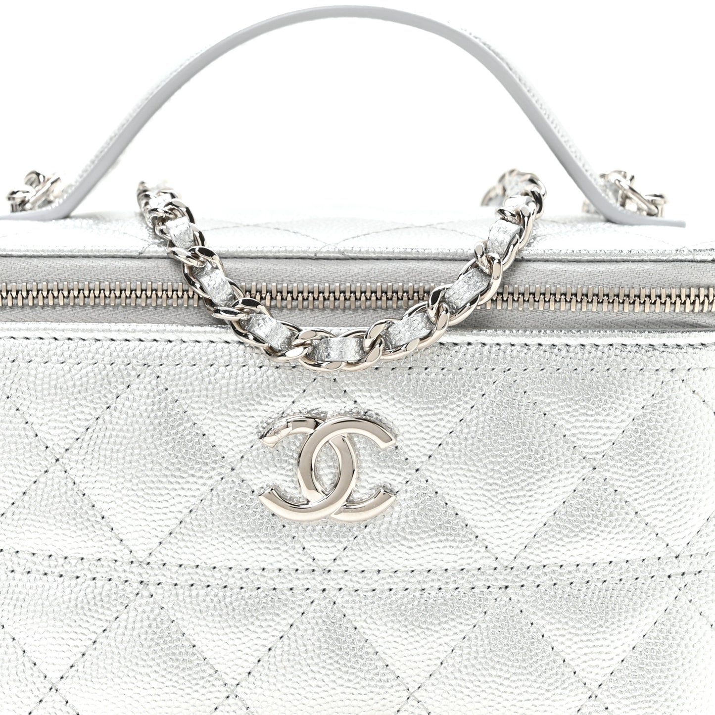 Metallic Caviar Quilted Trendy Handle Mini Vanity Silvery