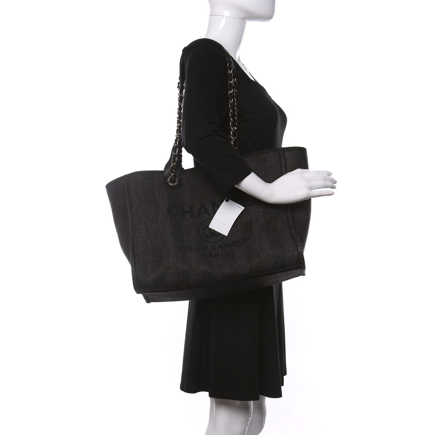 Mixed Fibers Calfskin Striped Medium Deauville Tote Black