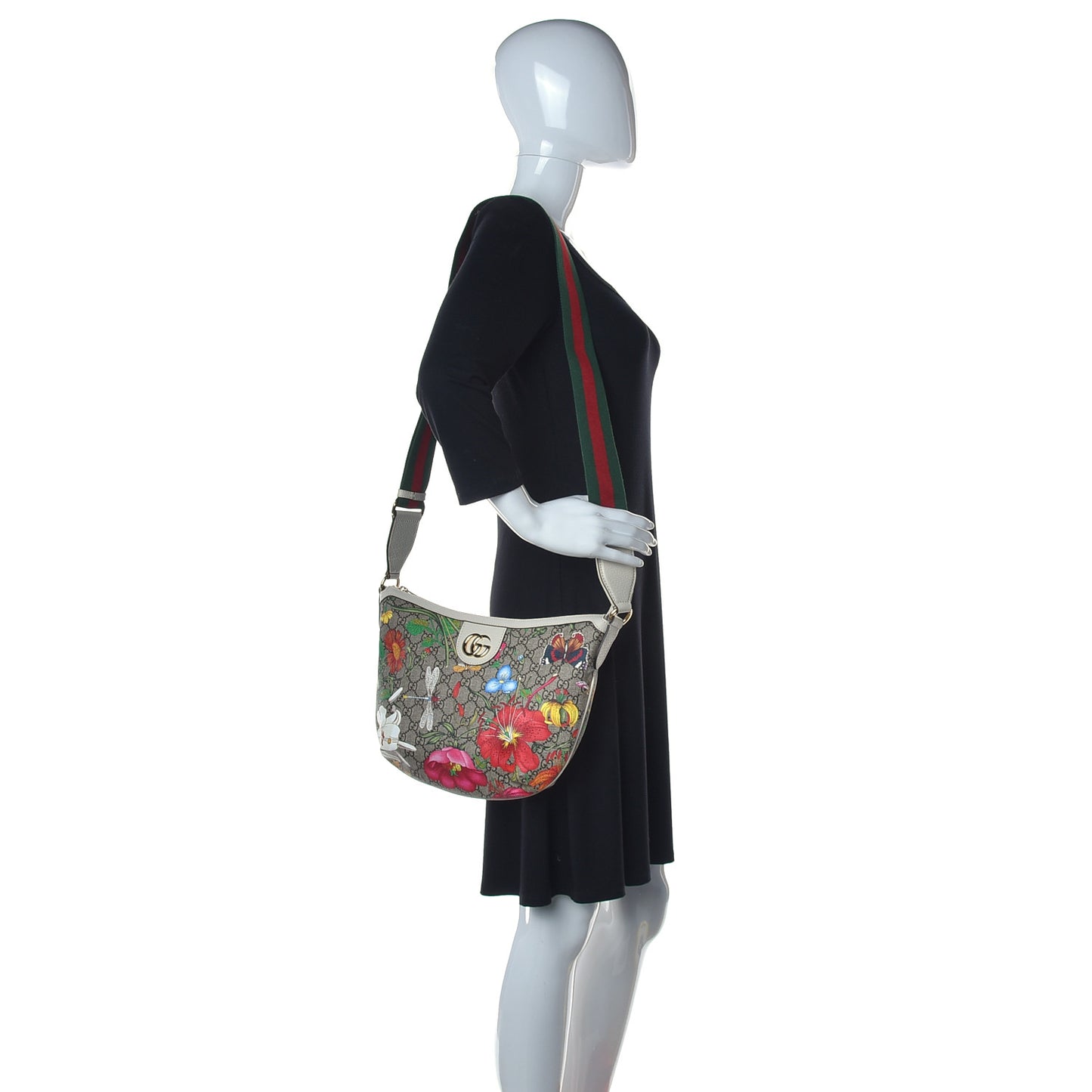 GG Supreme Monogram Flora Web Small Ophidia Half Moon Hobo White