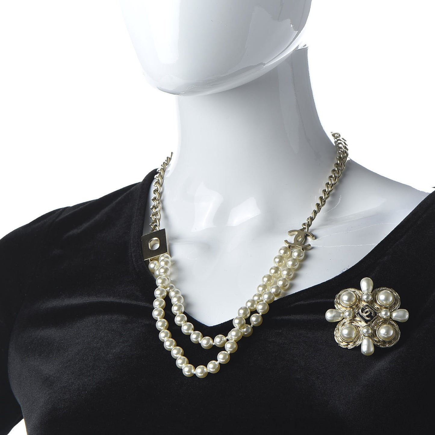 Pearl CC Double Strand Necklace Gold White