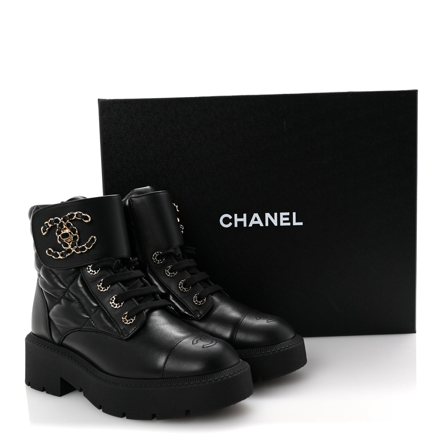 Lambskin Calfskin Quilted Lace Up Combat Boots 37 Black
