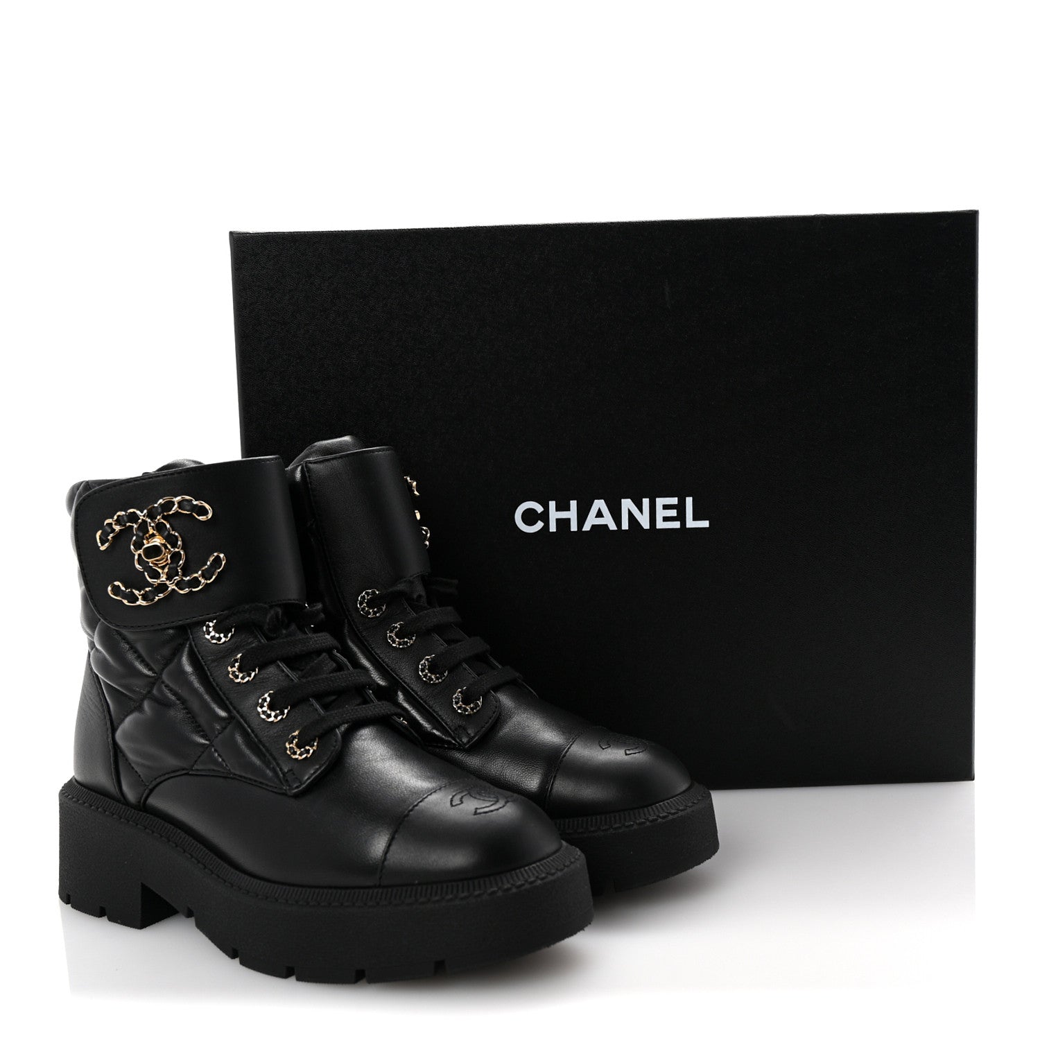 Chanel Lambskin Calfskin Quilted Lace Up Combat Boots 37 Black 10 of 10