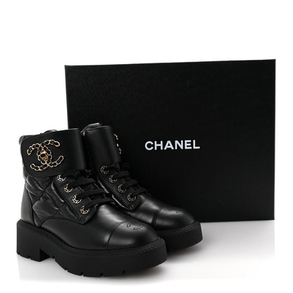 Chanel Lambskin Calfskin Quilted Lace Up Combat Boots 37 Black 10 of 10