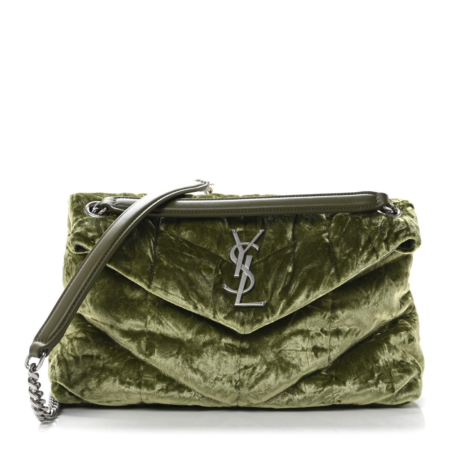 Saint Laurent Crushed Velvet Quilted Small Loulou Puffer Monogram Chain Satchel Green 1 of 11