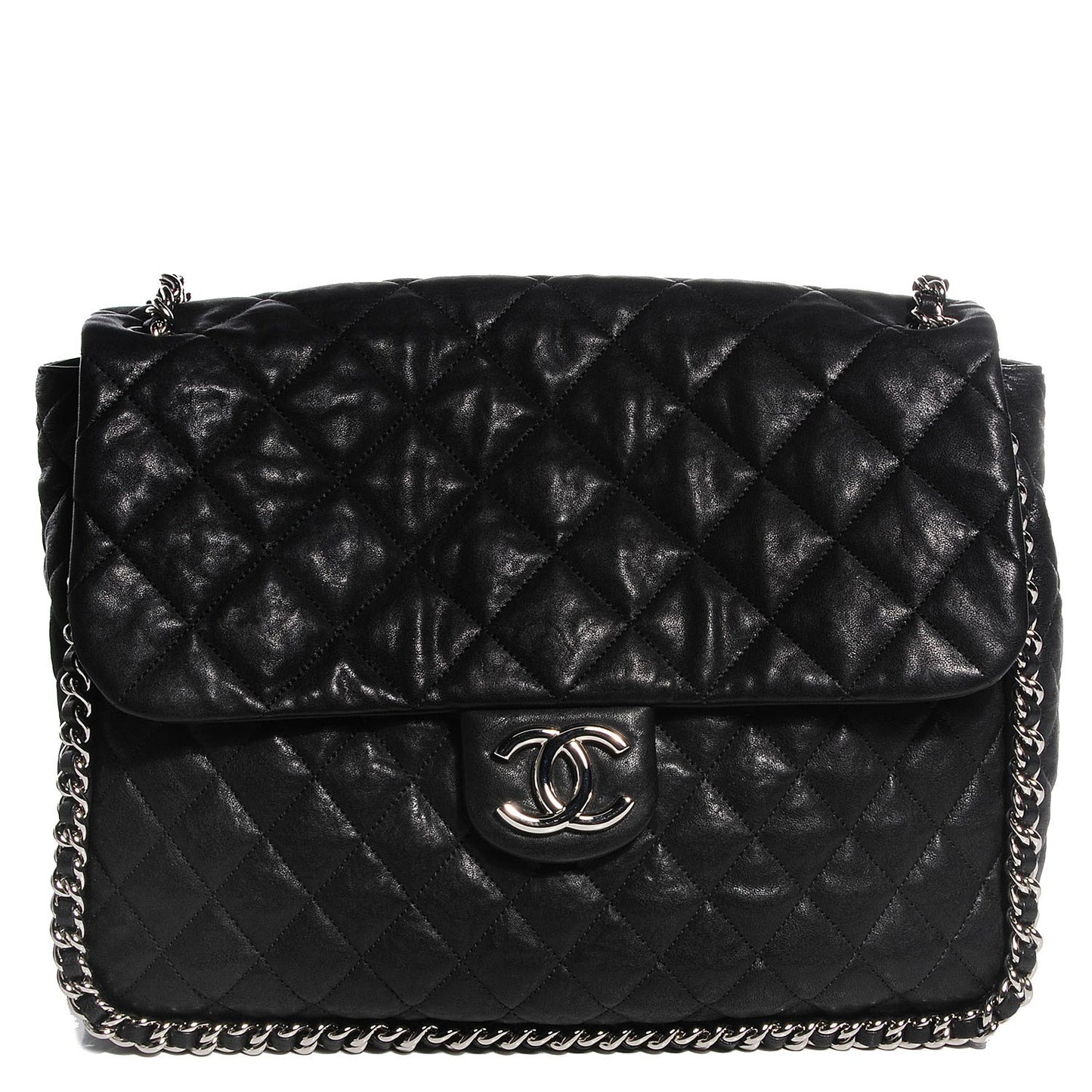Crumpled Lambskin Chain Around Maxi Flap Bag Black