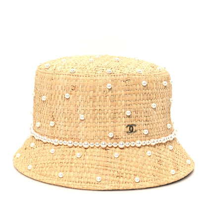 Chanel Straw Pearl Logo Bucket Hat L Beige 3 of 9