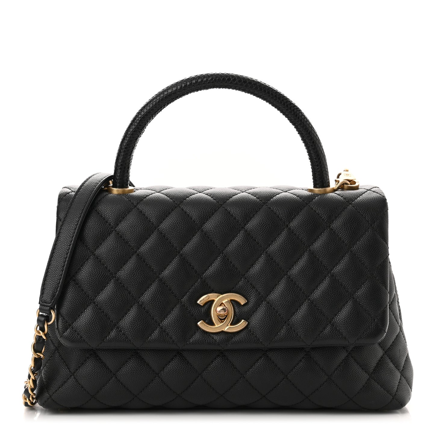 Caviar Lizard Embossed Quilted Small Coco Handle Flap Black