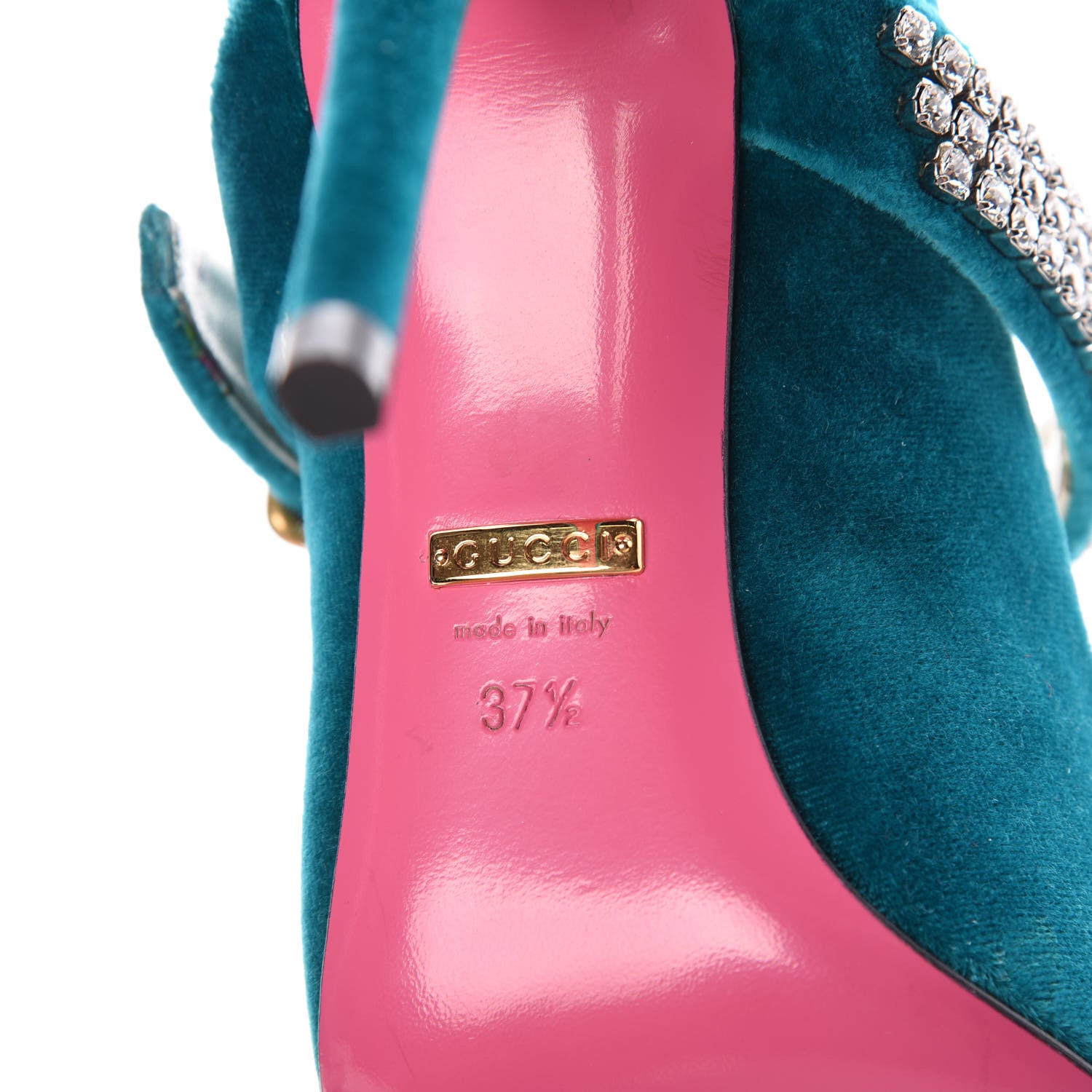 Gucci Softy Velvet Malaga Kid Pumps 37.5 Pavone Cyan 7 of 8