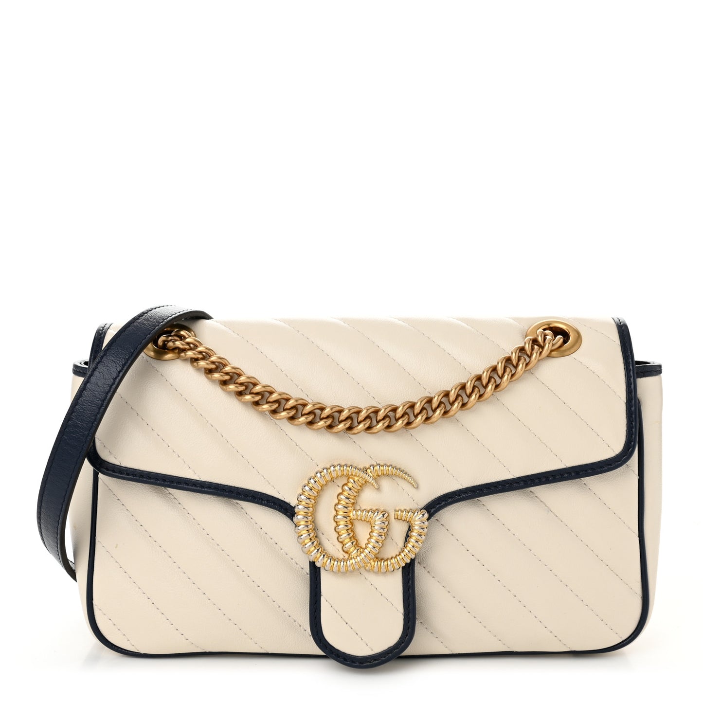 Vintage Effect Calfskin Matelasse Diagonal Small Torchon GG Marmont Shoulder Bag Mystic White Blue Agata