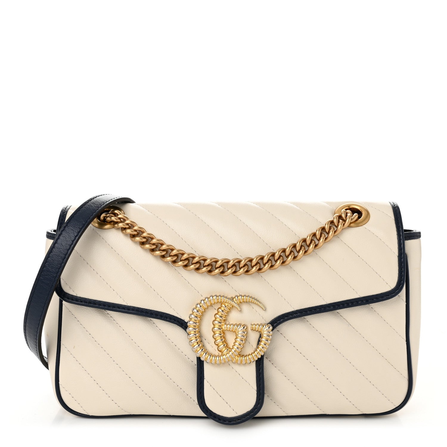 Gucci Vintage Effect Calfskin Matelasse Diagonal Small Torchon GG Marmont Shoulder Bag Mystic White Blue Agata 1 of 10