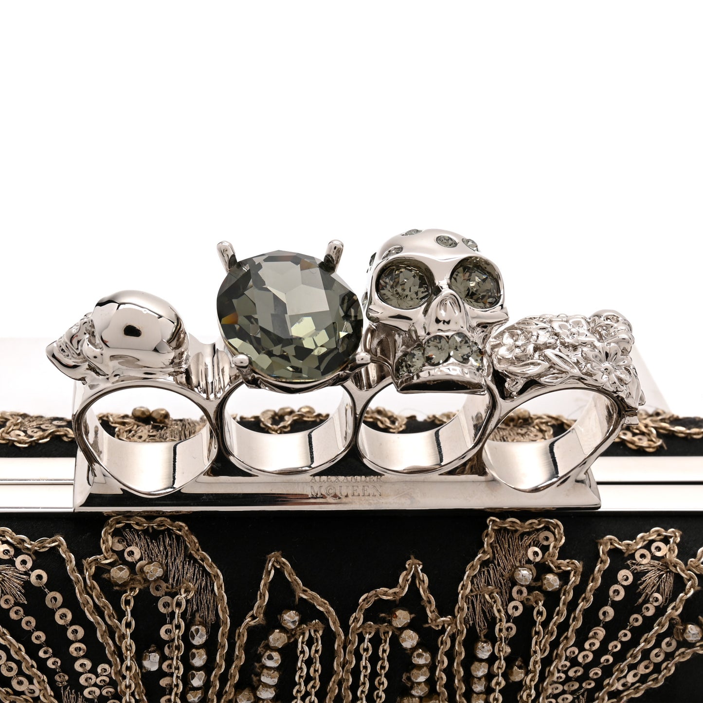 Silk Chain Skull Knuckle Box Clutch Black