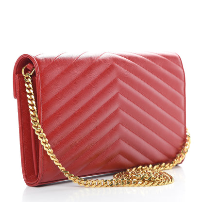 Saint Laurent Grain De Poudre Matelasse Chevron Monogram Chain Wallet Red 3 of 12