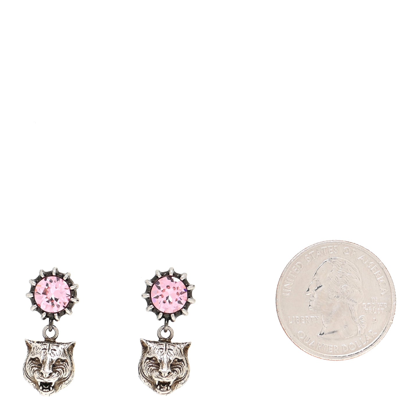 Metal Crystal Feline Earrings Aged Silver Pink
