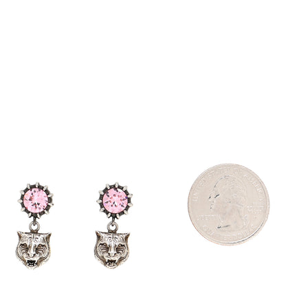 Gucci Metal Crystal Feline Earrings Aged Silver Pink 2 of 6