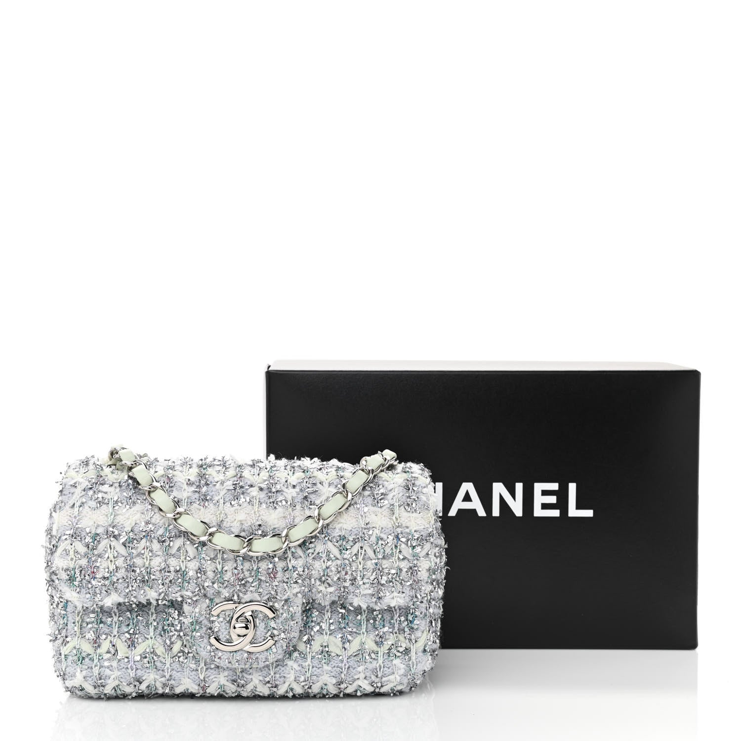 Chanel Tweed Quilted Mini Rectangular Flap Light Green Silver White 11 of 11