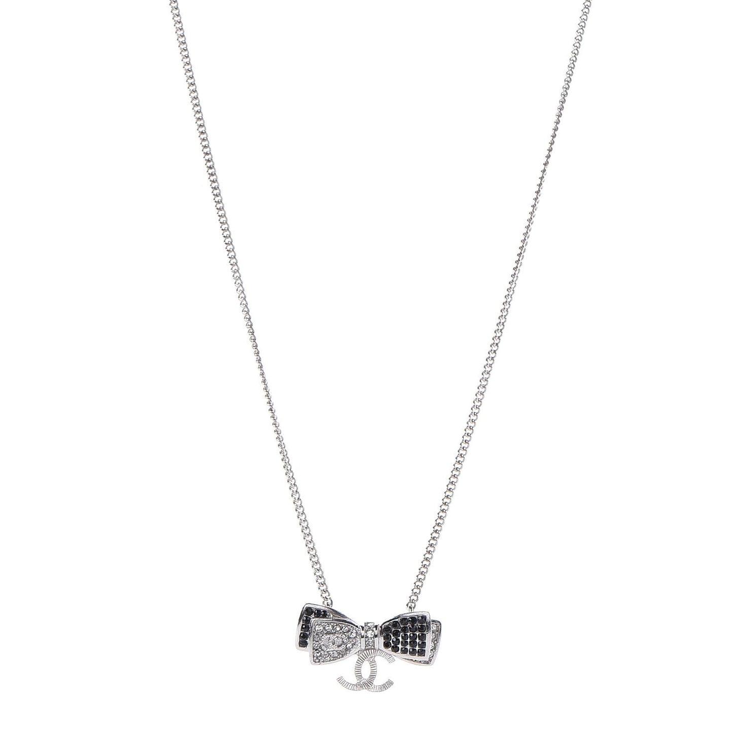 Crystal CC Bow Necklace Silver Black
