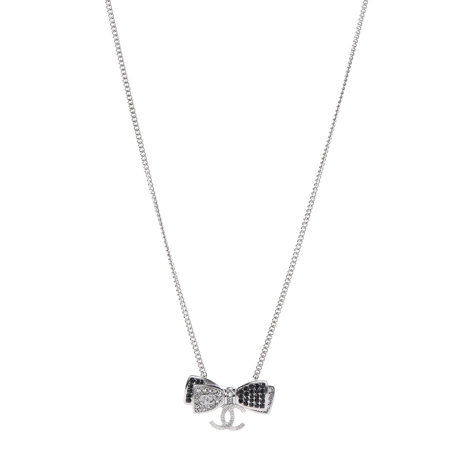 Chanel Crystal CC Bow Necklace Silver Black 1 of 6