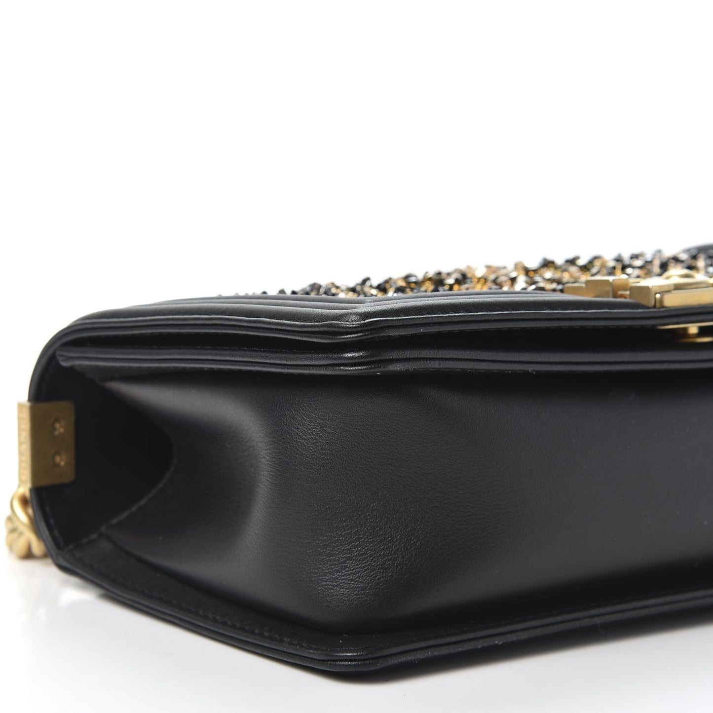 Calfskin Strass Studded Medium Boy Flap Black Gold