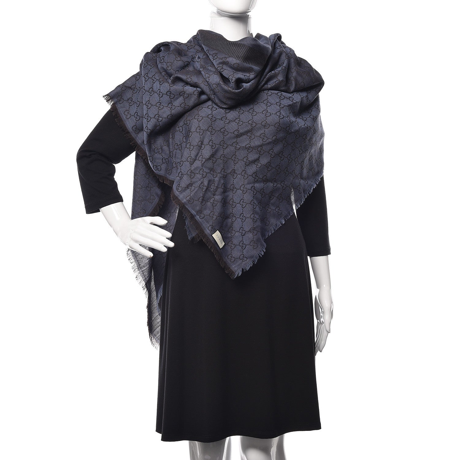 Gucci Wool Silk Monogram GGWeb Fringe Shawl Navy Blue 2 of 4