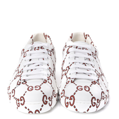 Gucci Calfskin GucciGhost Print Mens Ace Sneakers 8 White Hibiscus Red 2 of 10