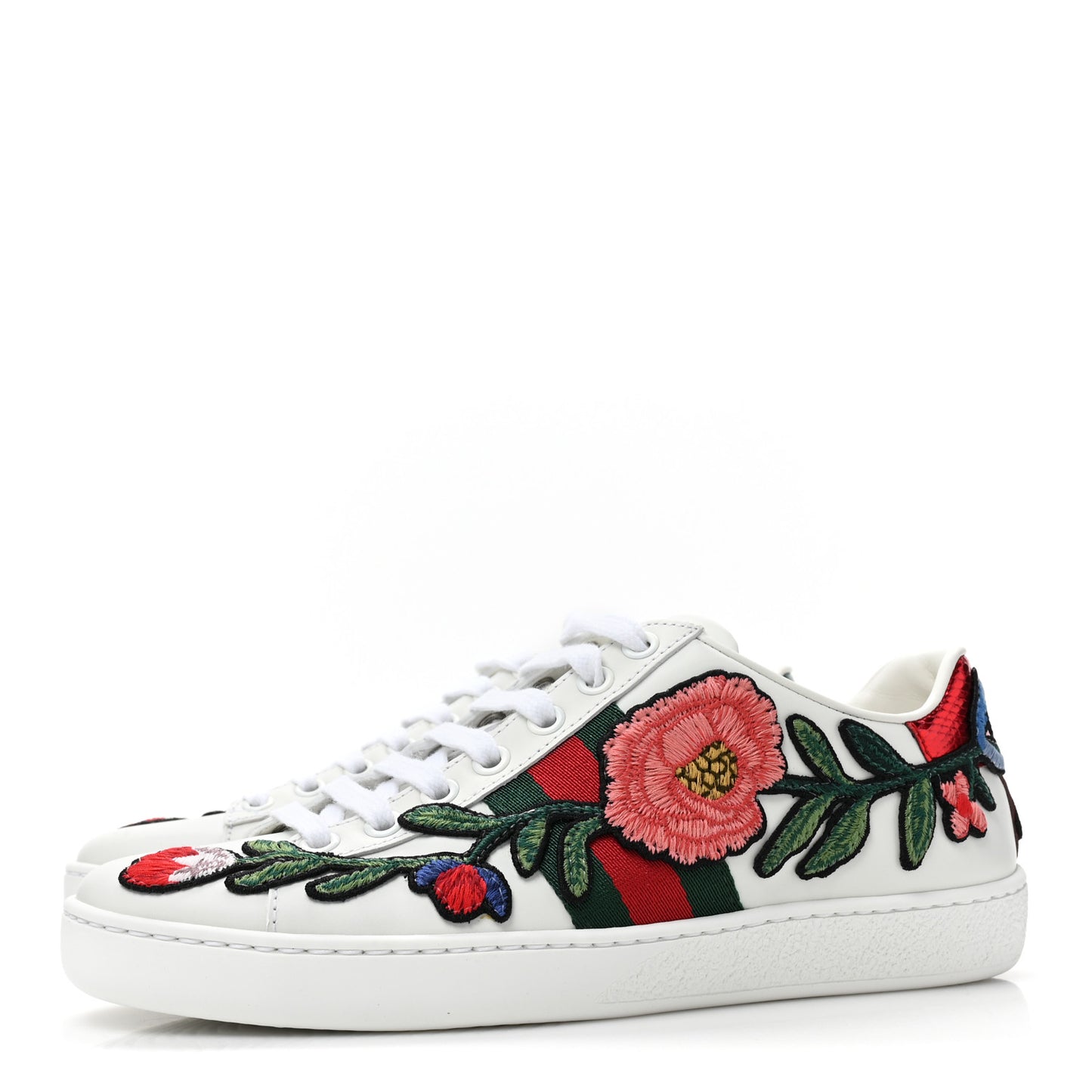 Calfskin Web Floral Embroidered Womens Ace Sneakers 35 White