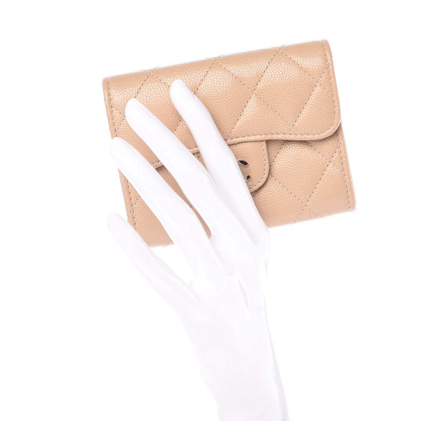 Caviar Quilted Card Holder Wallet Beige Clair