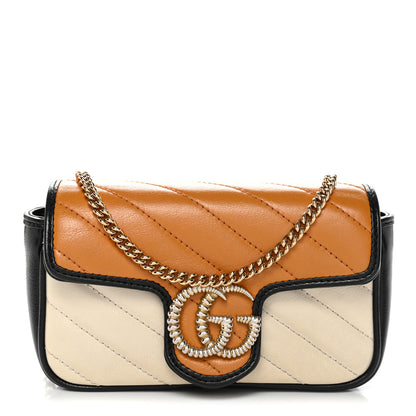 Gucci Vintage Effect Calfskin Matelasse Diagonal Super Mini Torchon GG Marmont Shoulder Bag  Cognac Mystic White Blue Agata 1 of 10
