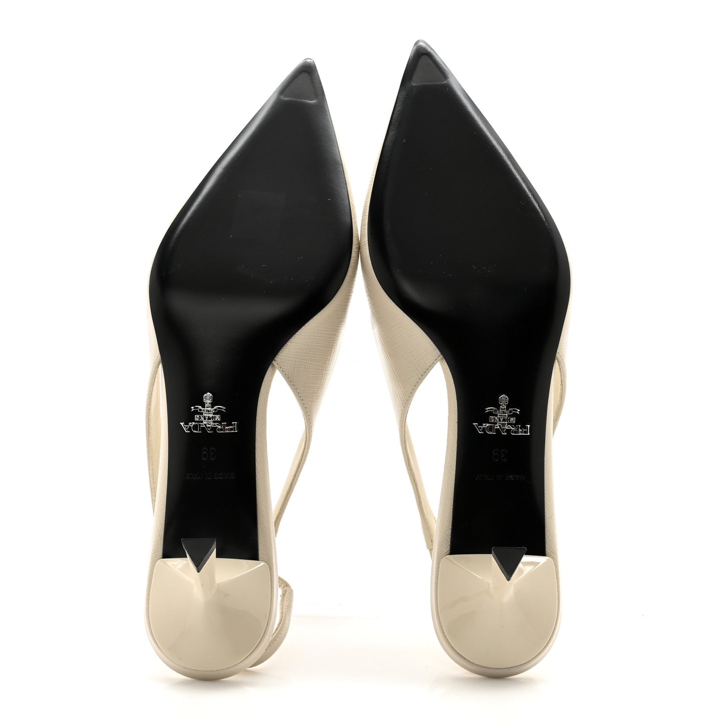 Saffiano Patent Triangle Logo Pointed Toe 75mm Slingback Pumps 39 White