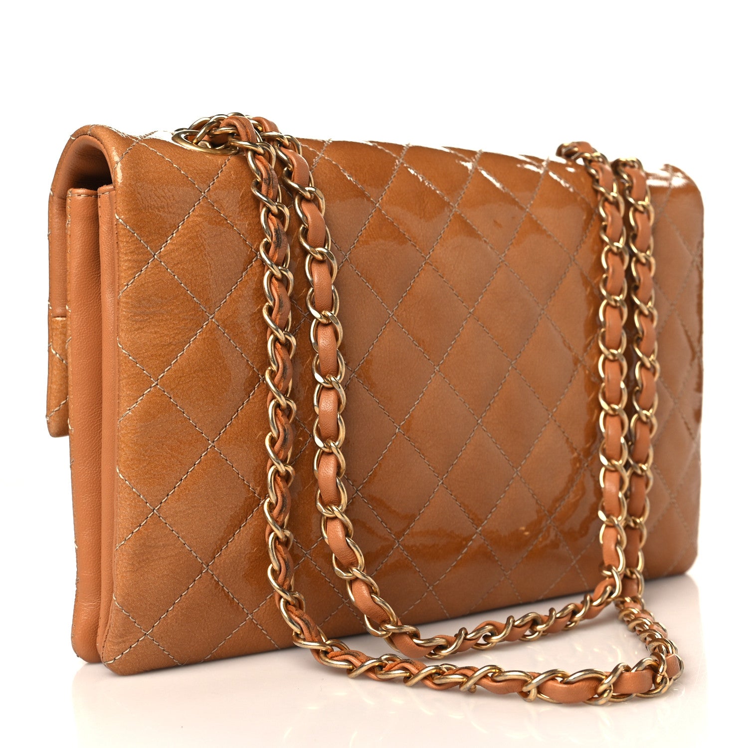 CHANEL ブラウン キルティング バッグ Chanel Patent Goatskin Quilted Small 3 Pocket Accordion Flap Brown