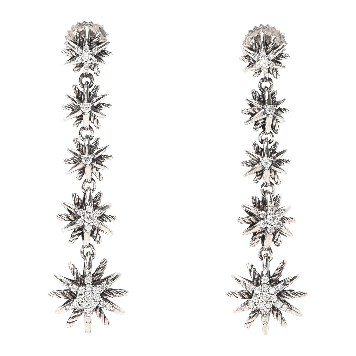 Sterling Silver Pave Diamond Starburst Drop Earrings