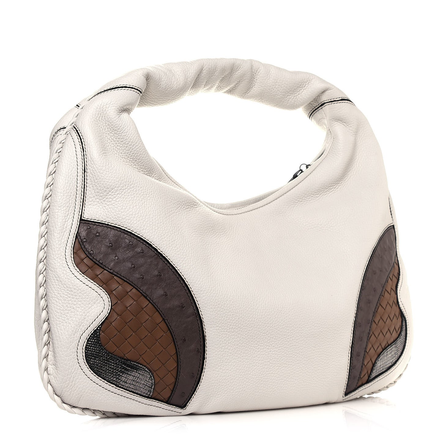 Cervo Deerskin Ostrich Lizard Intrecciato 50th Anniversary Large Veneta Hobo White
