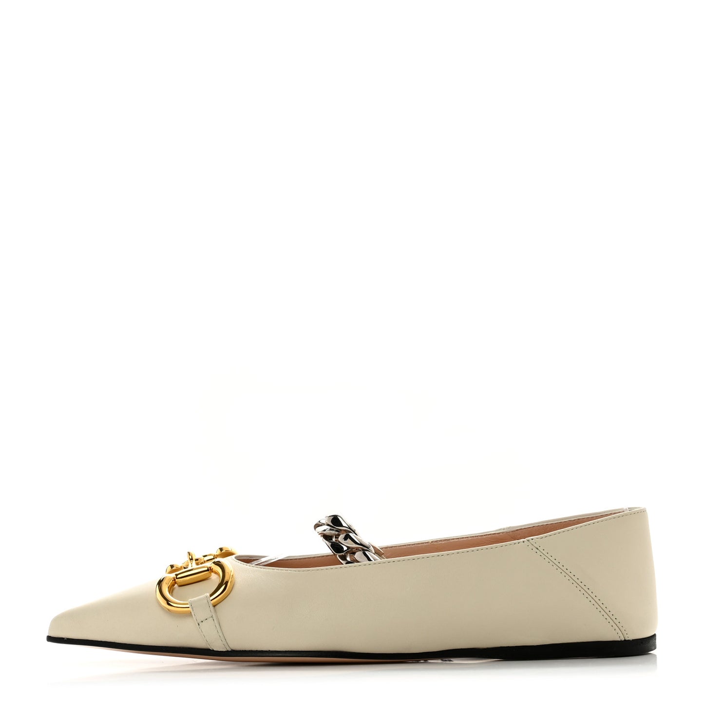 Nappa Lumiere Deva Horsebit Chain Embellished Flats 35.5 Dusty White