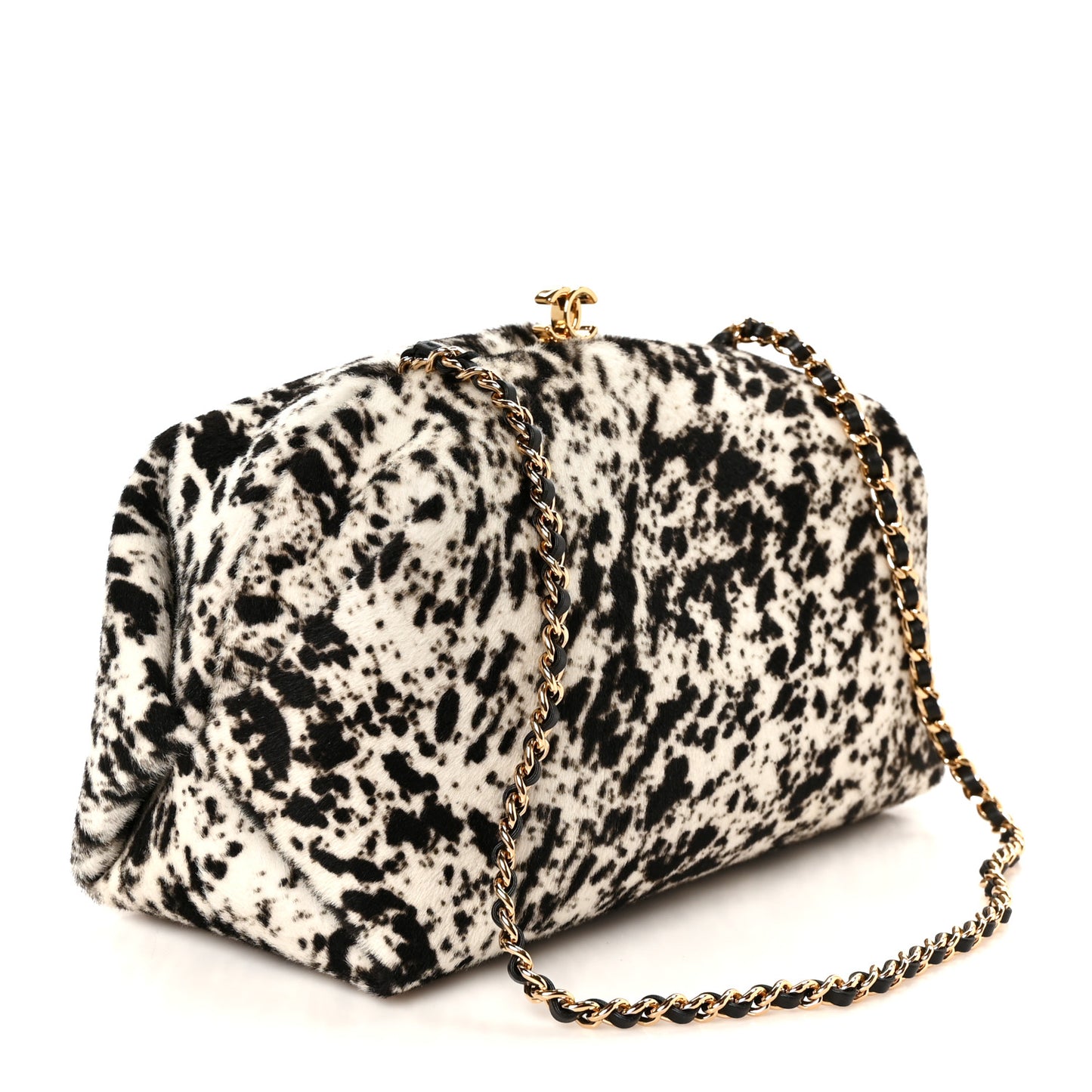 Lambskin Pony Hair Printed Clutch With Chain Black White