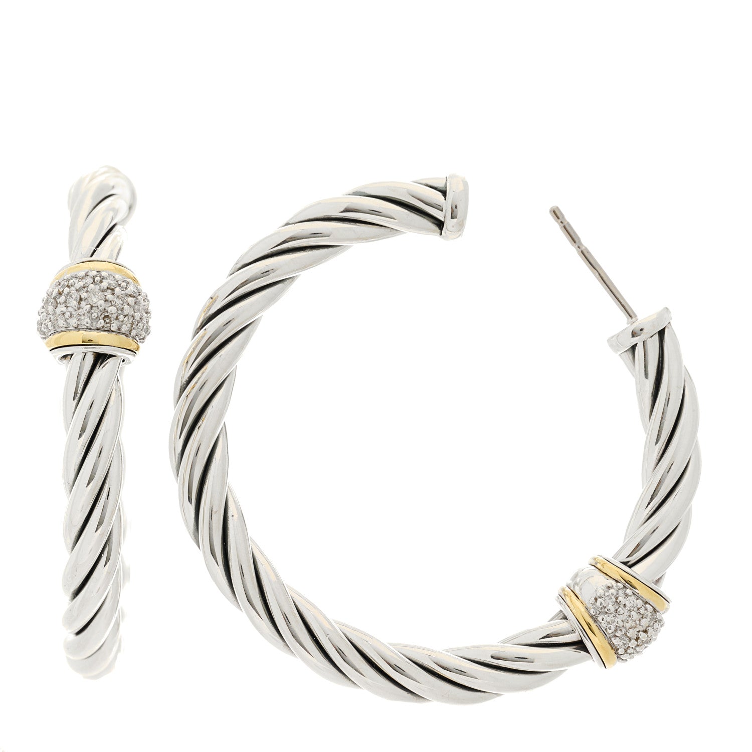 David Yurman Sterling Silver 18K Yellow Gold Diamond Cable Classics Hoop Earrings 1 of 3