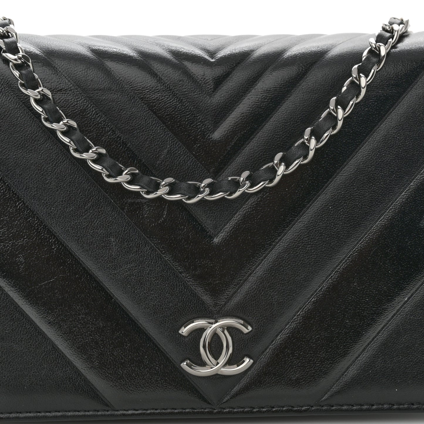 Lambskin Chevron Quilted Wallet On Chain WOC Black